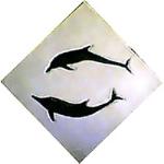 2 black dolphins swimming over each other in a diamind tile